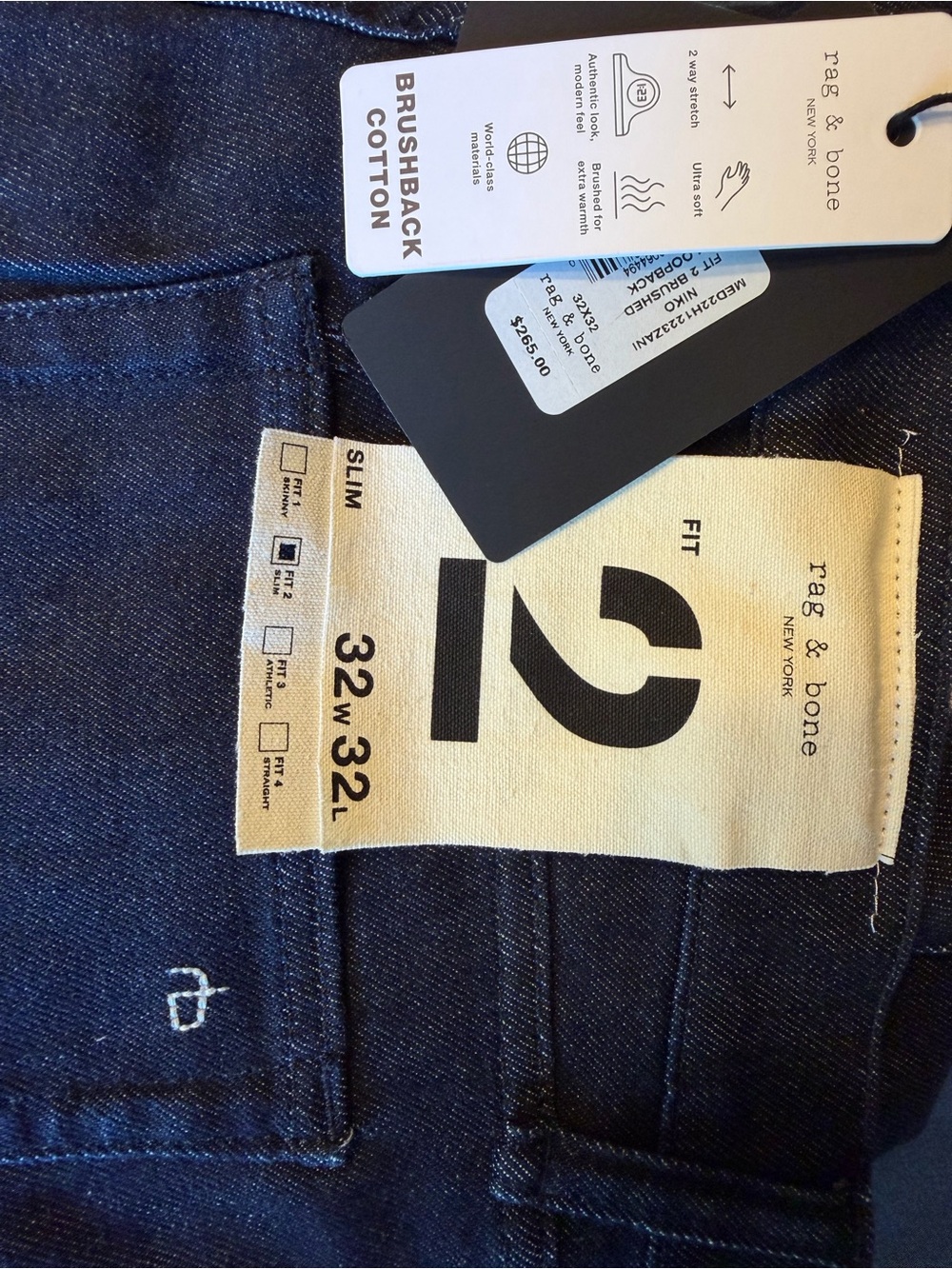 Rag & Bone Men’s Niko Fit 2 Slim Brushback Loopback Jeans Navy 32x32 NWT - Picture 6 of 6